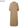 ZANZEA Women Daily Casual Turn Down Collar 3/4 Sleeve Loose Long Dress