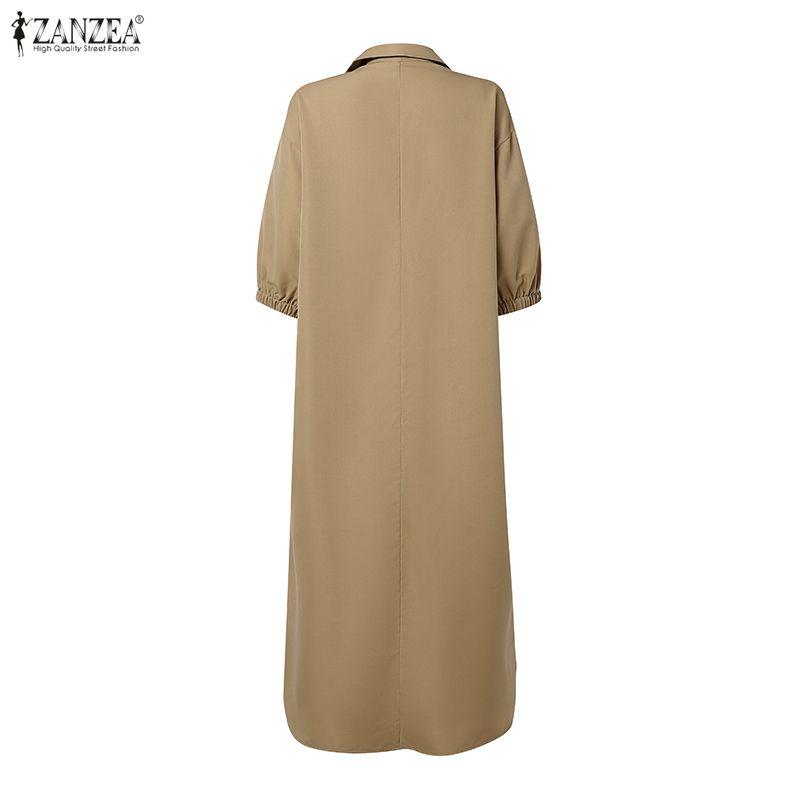 ZANZEA Women Daily Casual Turn Down Collar 3/4 Sleeve Loose Long Dress