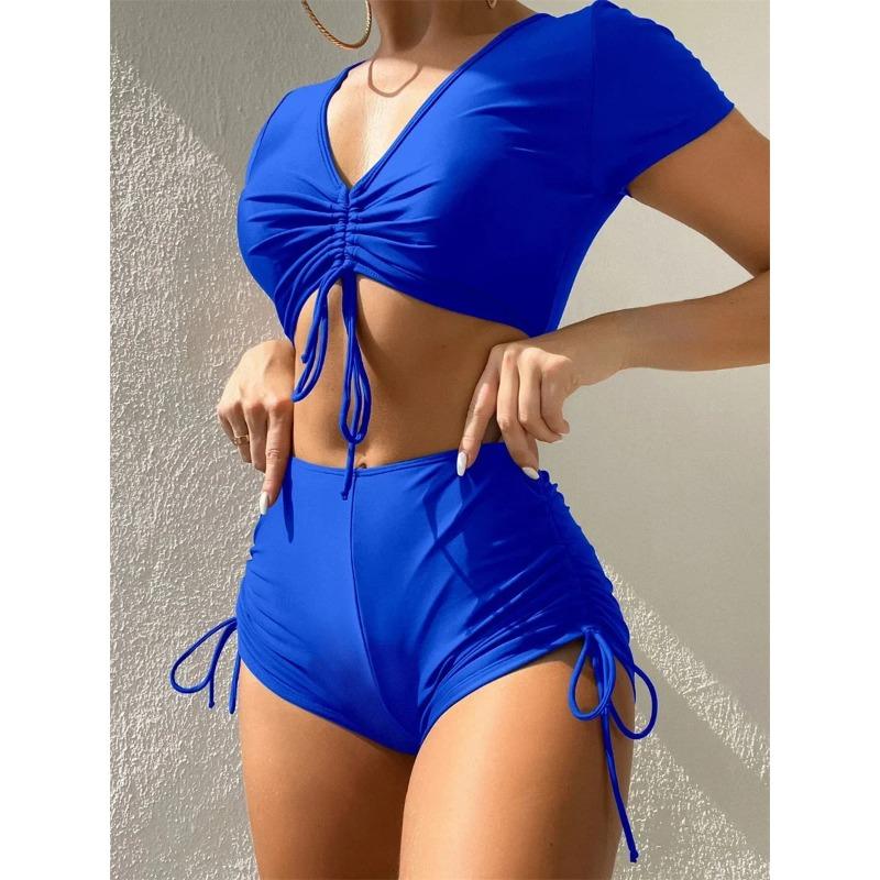 Sexy Drawstring Bikini Set Women Green Black Short Sleeve Two Piece Swimsuit Summer Bathing Suit Pleate High Waist Swimwear