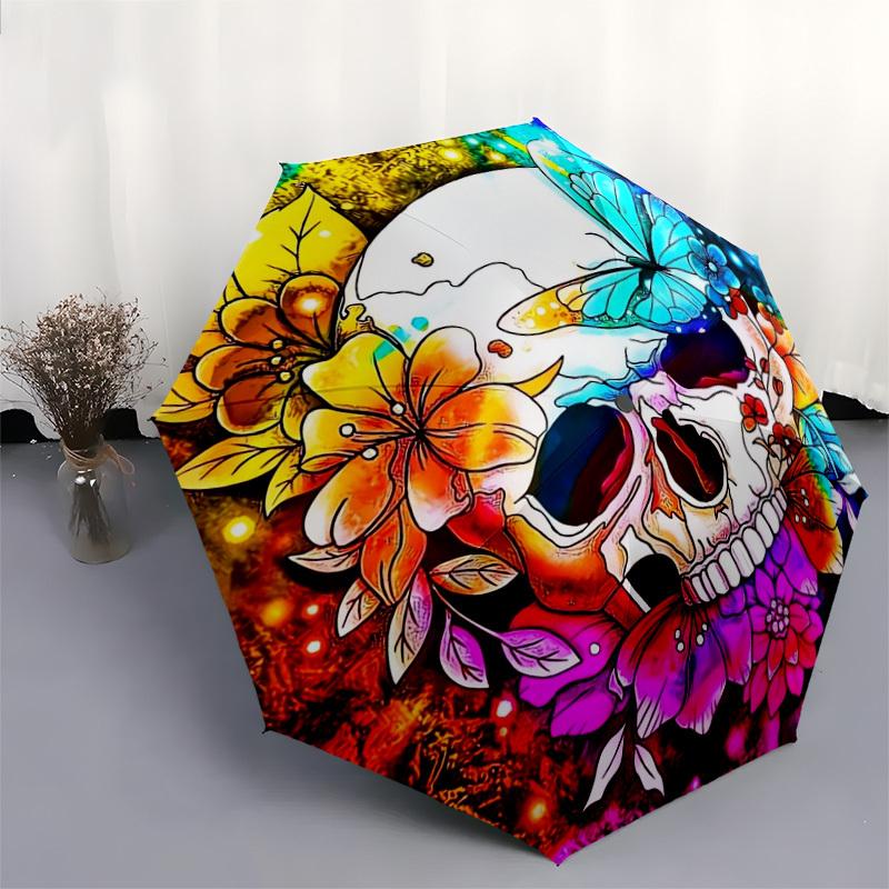 1pc Colorful Skull Flowers Butterfly Artwork Umbrella with Plastic Handle,Suitable for All Seasons Home Travel Outdoor UmbrellaDD1757
