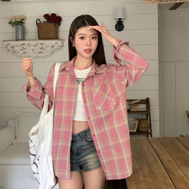 Thin Pink Plaid Shirt Woman Korean Summer Autumn Loose Speical Design Blouses Oversize Long Sleeved Lapel Collar Blusas
