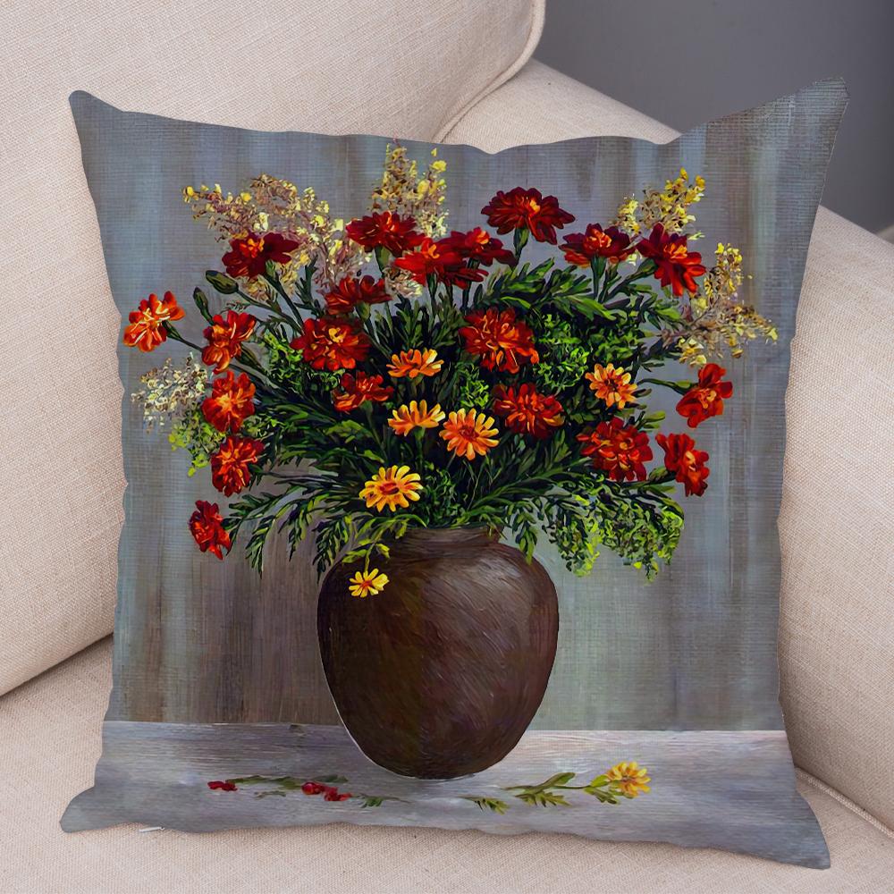 Retro Flower Vase Still Life Art Cushion Cover Double Sided Soft Polyester Home Decor Pillow Case