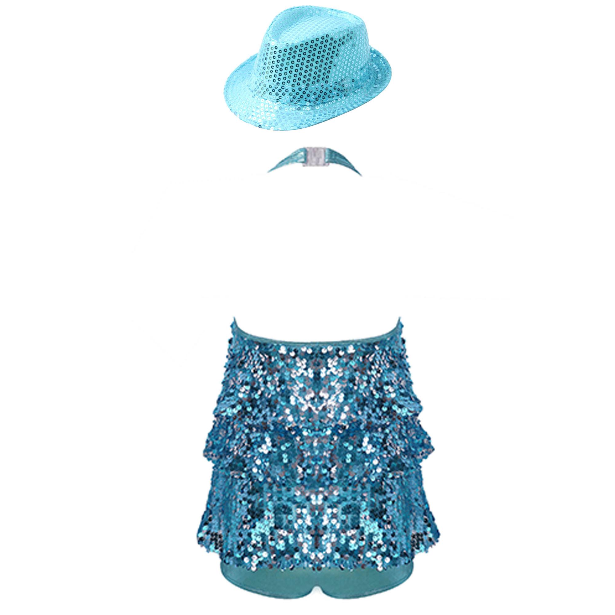 

Девочки Латиноамериканские танцы купальник Холтер шеи дизайн спинки сверкающие пайетки оборки соответствующие шляпа аксессуар 3-4 Years небесно-голубой