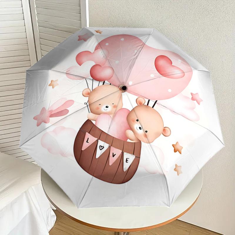 Heart-Shaped Hot Air Balloon Basket with Bears - Romantic Valentine's Day Gift for Fans, Travelers, Everyday Use, Foldable Umbrella Design,