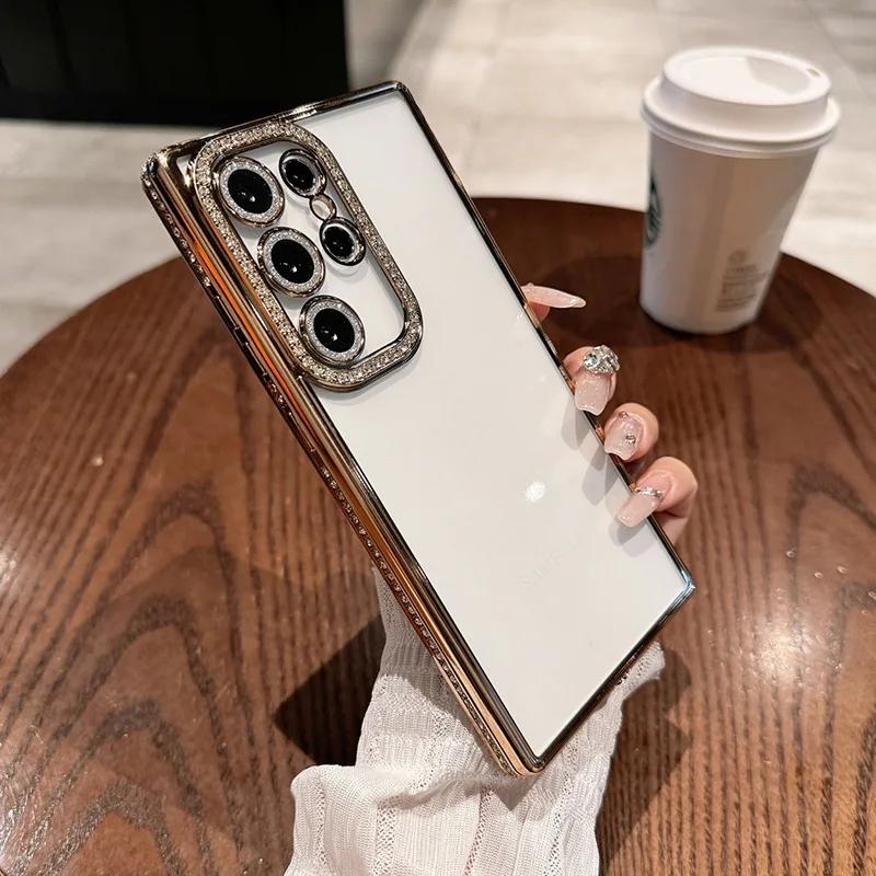 Rhinestone Transparent Phone Cases For Samsung Galaxy S26 S25 Ultra S24 S23 A15 A16 A55 A56 Electroplating Back Cover