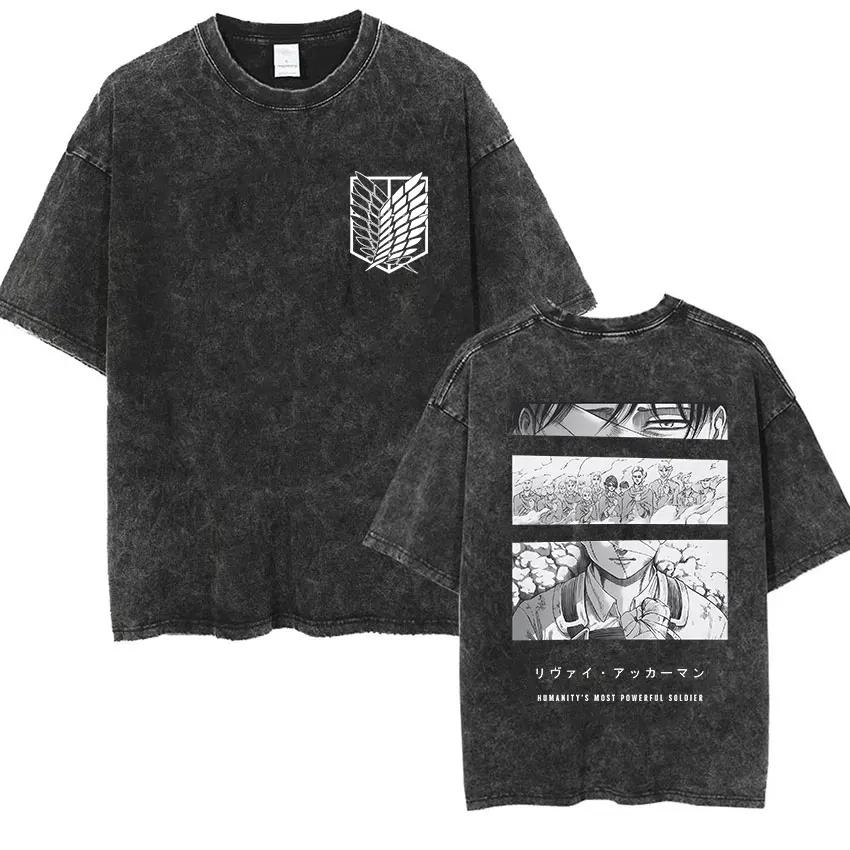 Anime Attack Titan Retro Wash Bedrucktes T-Shirt Mikasa Ackerman Eren Jaeger Freie Flügel Muster Herren Sommer T-Shirt