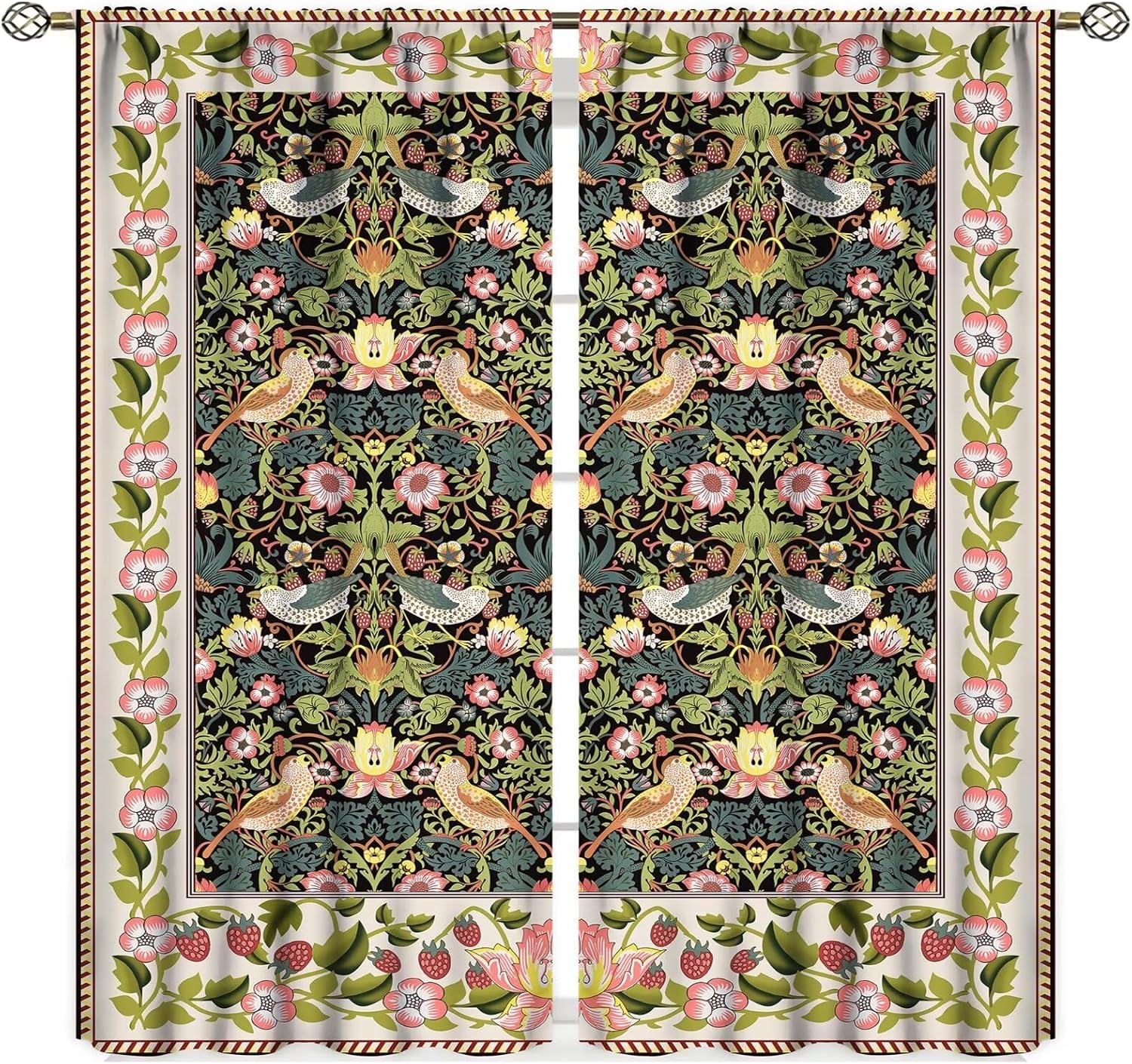 

William Morris Retro Plant Floral Curtains Watercolor Strawberry Thief Botanical Red Green Room Windows Treatments Be Curtain Polyester W100*H70(CM)-Rod Pocket&2PCS