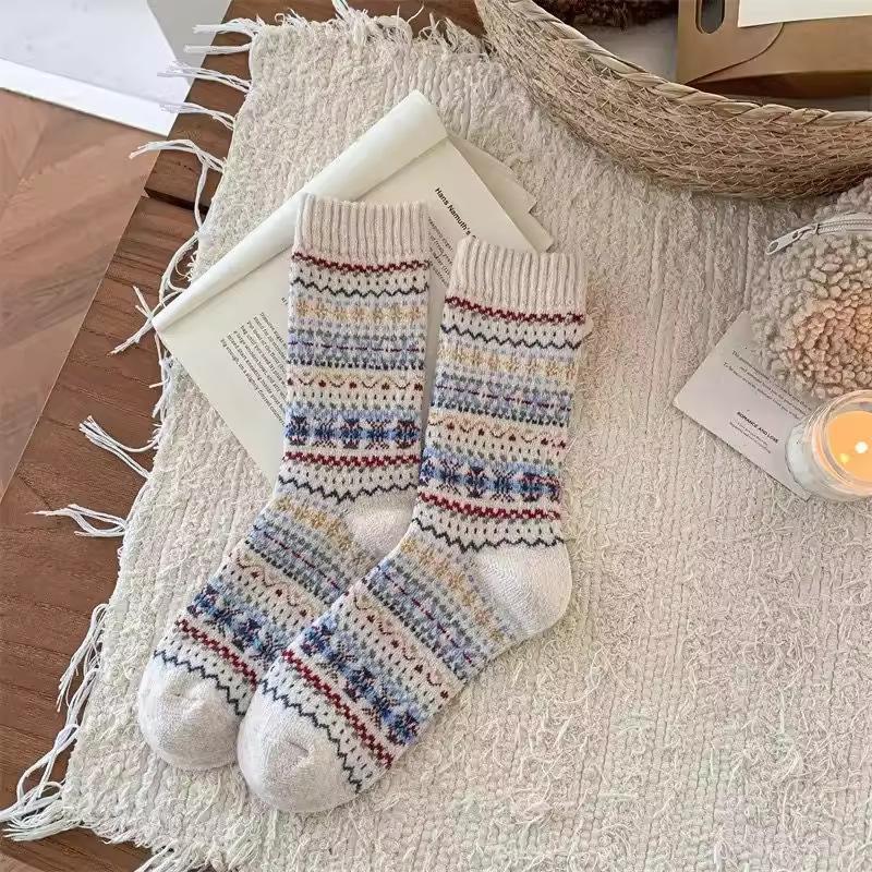 New Fair Island Retro Contrasting Striped Wool Socks Children Autumn And Winter Thickened Warm Net Red Outer Wear Stockings