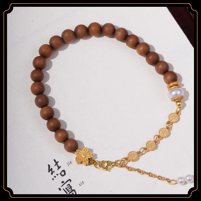 Indian Old Mountain Sandalwood & Pearl Silver-Plated Small Flower Beaded Bracelet