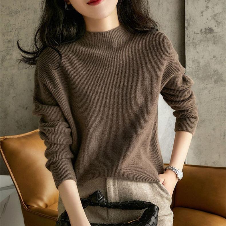 Solid Color Casual Versatile Pullover Sweater with Women's Autumn and Winter New Thin Semi-turtleneck Knitted Bottoming Shirt Top Tide