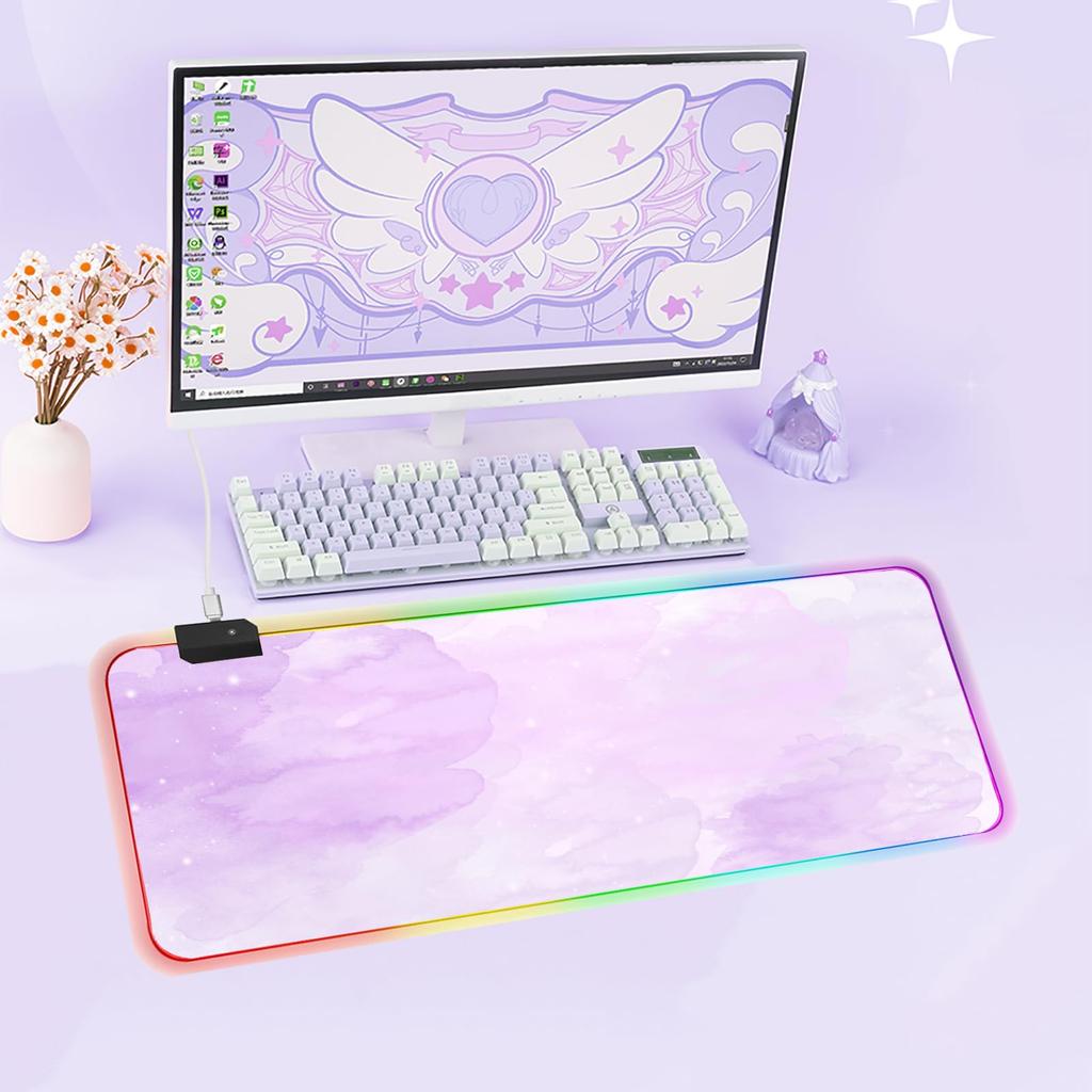 Large Gaming Mouse Pad with 12 RGB Lighting Waterproof Rubber Effects, Multi-Spandex Surface, Non-Slip Base, 8003004mm (Purple Nebula)