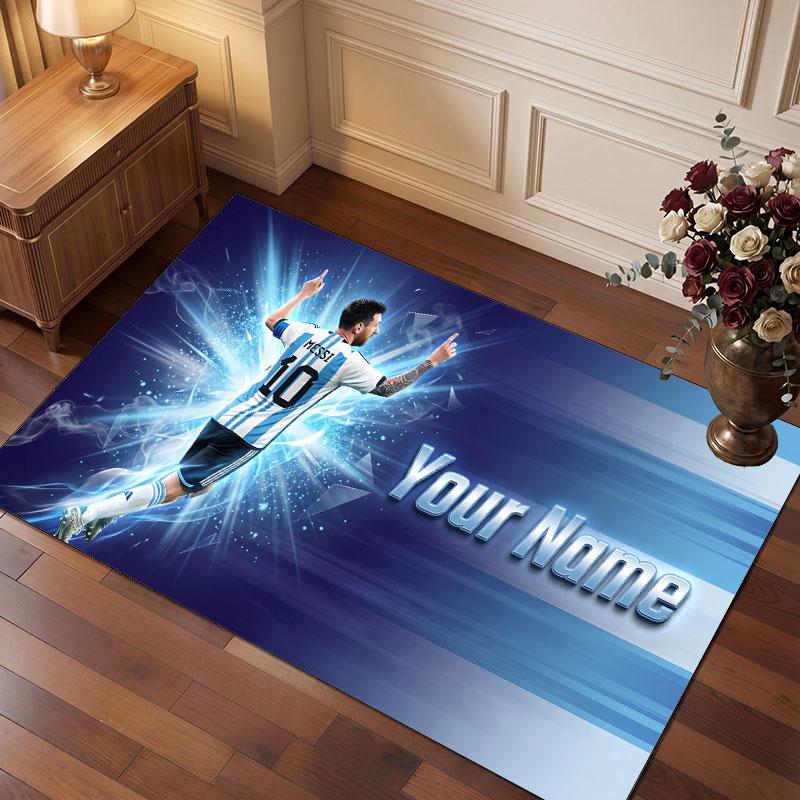 Tappeto Personalizzato in Velluto di Cristallo Lionel Messi, Stampa Testo Nome Personalizzato, Logo Calcio Morbido Antiscivolo Tappetino per Pavimento Decorazione Casa Regalo