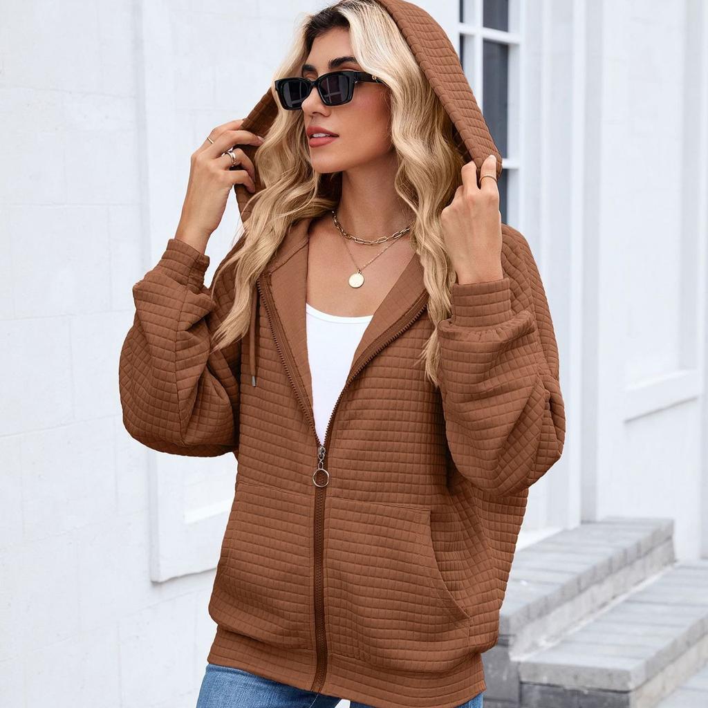 European and American-style Women's Solid Color Zip-up Long-sleeve Hooded Sweatshirt/jacket for Fall and Winter