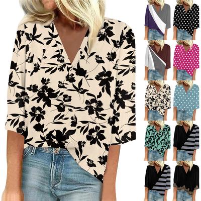 Women's Shirt Blouse Casual Loose Shirts 3/4 Sleeve Print V Neck Tops Print Tops T-shirts Tee