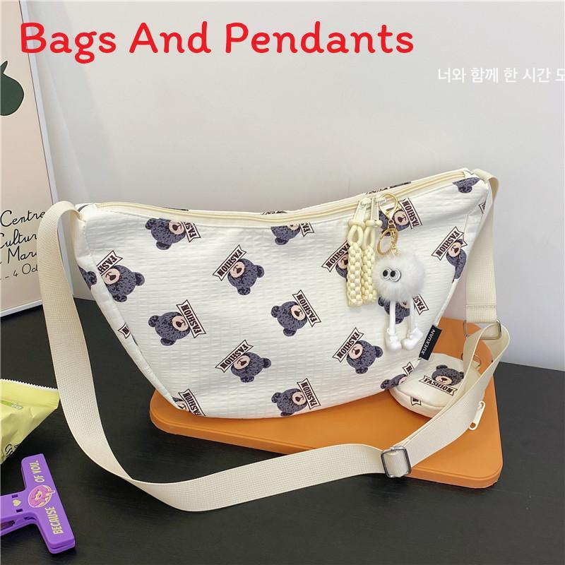 Cute Bear Print Cotton Shoulder Bag For Daily Use With Zipper Closure And Mobile Pocket