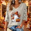 Women's V-Neck Casual Three-Quarter Sleeve Top with Halloween Print