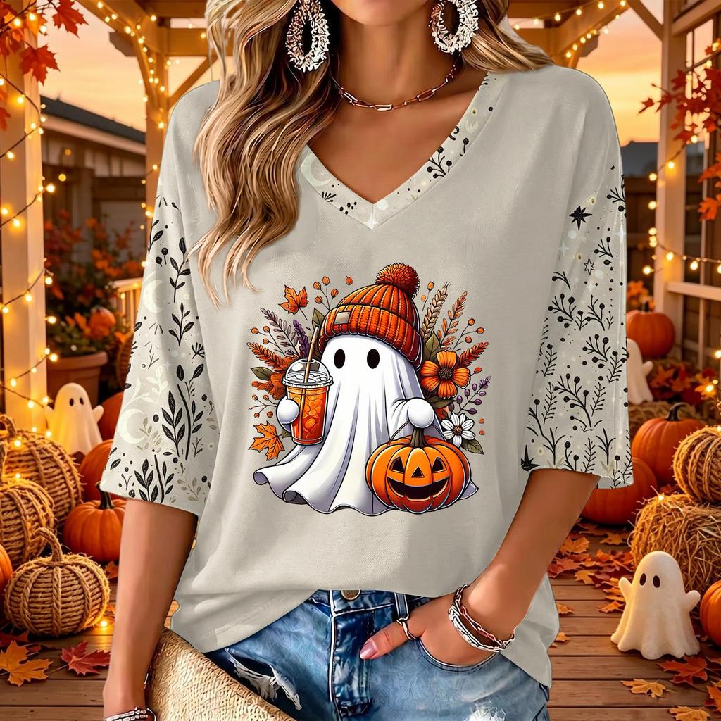 Women's V-Neck Casual Three-Quarter Sleeve Top with Halloween Print