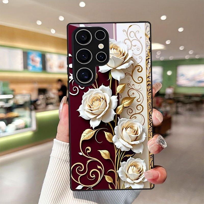 Luxury Floral Rose Gold Glass Phone Case Mobile Phones Fashion Phone Cases for Samsung Galaxy S26 S25 S24 S23 S22 FE Ultra Plus