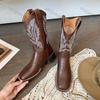 Women Retro Mid Calf Western Cowboy Motorcycle Boots Female Autumn Embroidered Square Toe Chunky Heel Design Brown Boots