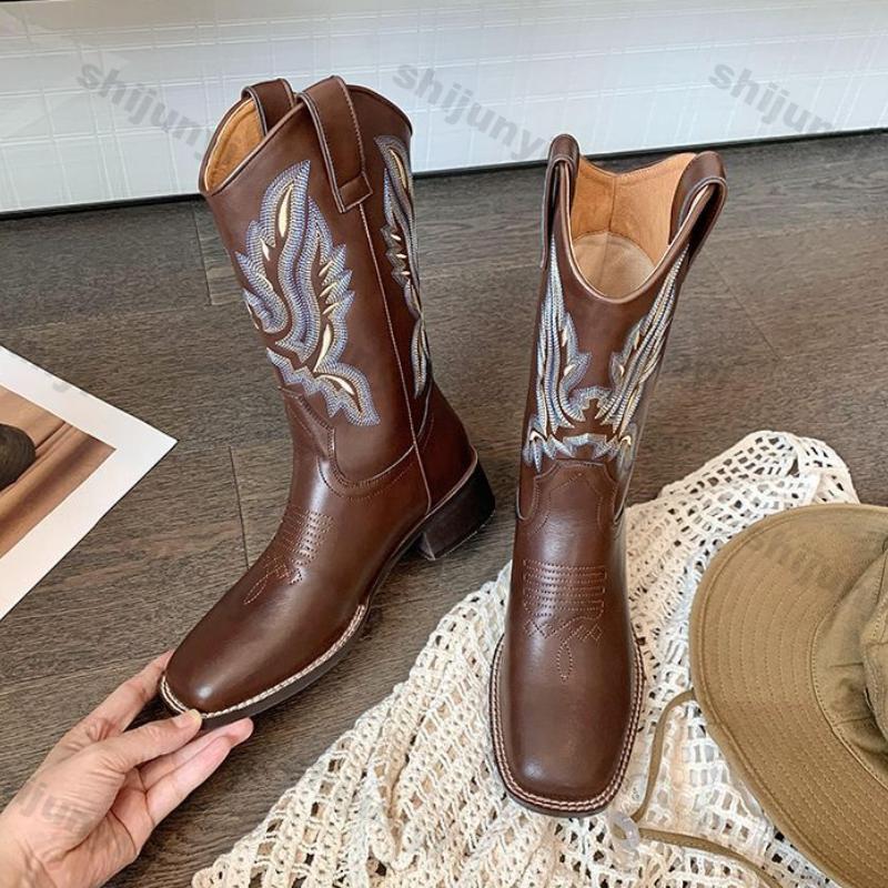 Women Retro Mid Calf Western Cowboy Motorcycle Boots Female Autumn Embroidered Square Toe Chunky Heel Design Brown Boots
