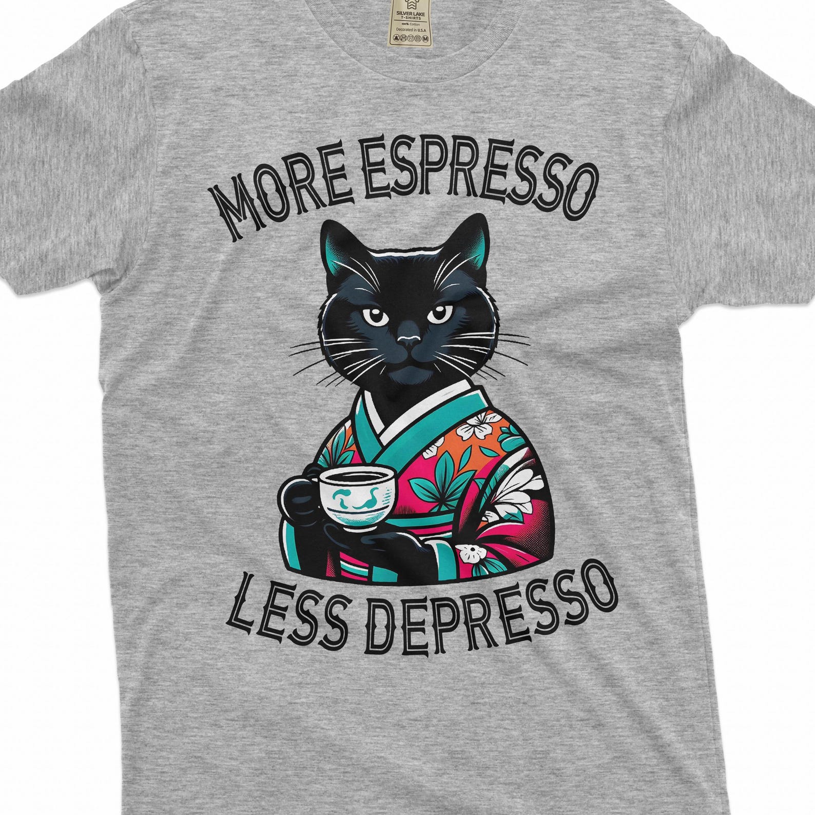 Funny Espresso coffee cat T-shirt caffeine more espresso less depresso cool cat tee shirt 2XL