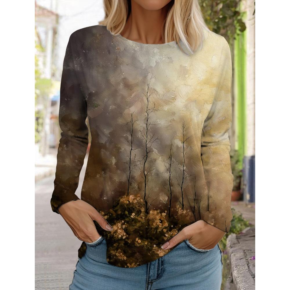 Women's Printed Color T-shirt Fashion Long-sleeved Round Neck Regular Tops Spring and Autumn Wear