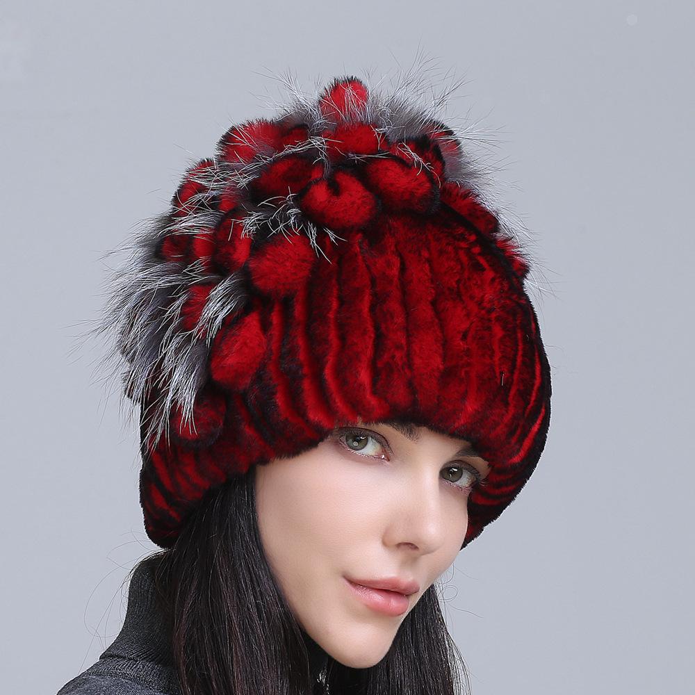 Winter Women's Warm Fashion Thick Wool Hat Rex Rabbit Fur Hat Knitted with Side Flower Hat