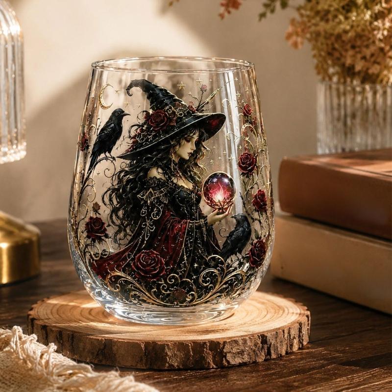 Decorative Witch Glass Cup with a Clear Stemless Form for Herbal Tea, Fruit Tea, Candy, and Seasonal Table Service