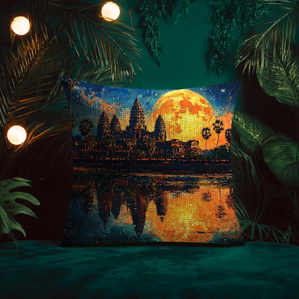 Oil Painting Artwork Angkor WatW Cushion Cover Silky elegant Comfort Sofa Bed Invisible zipper Beach pillowcase