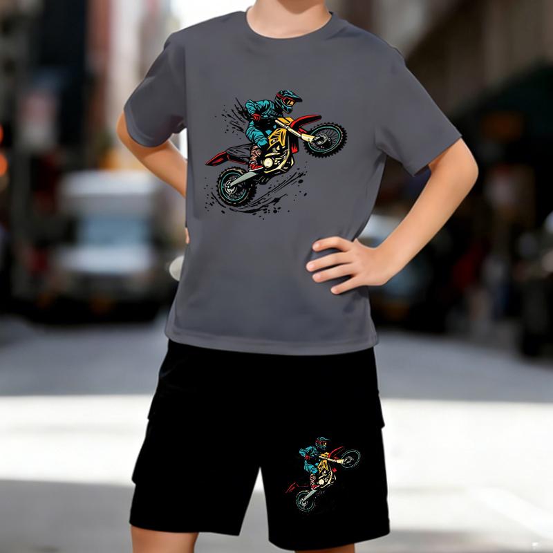 Boys 2 Piece Motorcycle Print Outfit, Short Sleeve T-Shirt and Shorts Set for Kids Age 5-14,Black and White Sporty Casual Summer Clothes