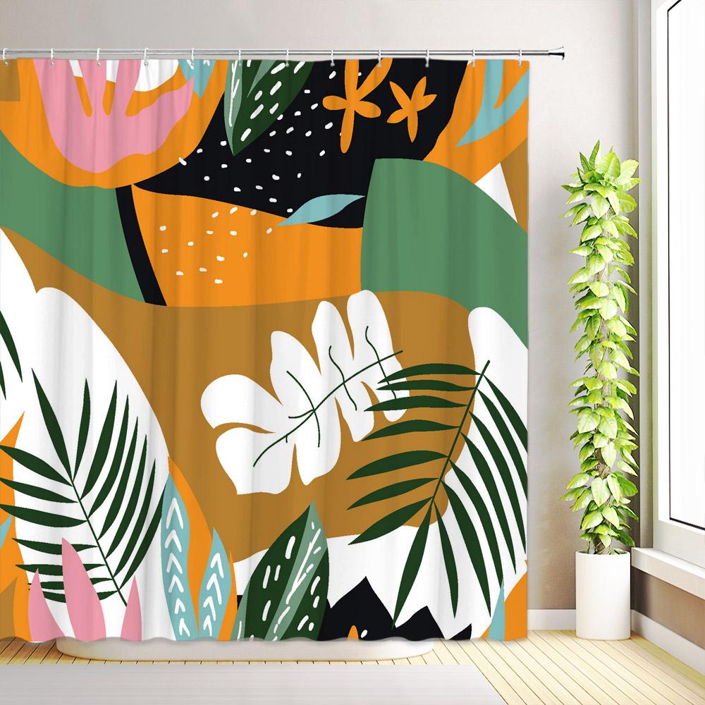 Boho Tropical Palm Leaves Shower Curtain Aesthetic Abstract Green Leaf Floral Plant Minimalist Modern Bathroom Decor with Hooks