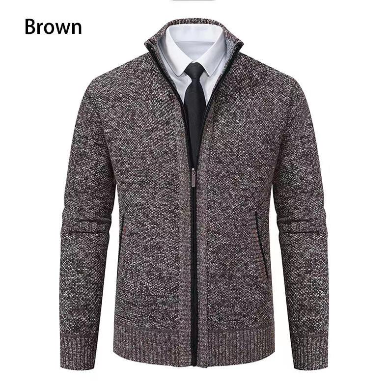 Men's Fleece-Lined Cardigan: Thick Knit Zipper Sweater with Stand-Up Collar for Autumn/Winter 2023