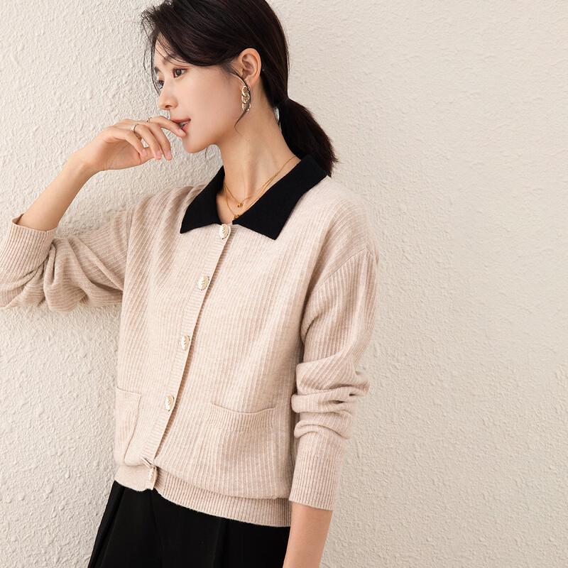 TUHUANG Women's Thick Pure Wool Color-Block Lapel Pocket Sweater