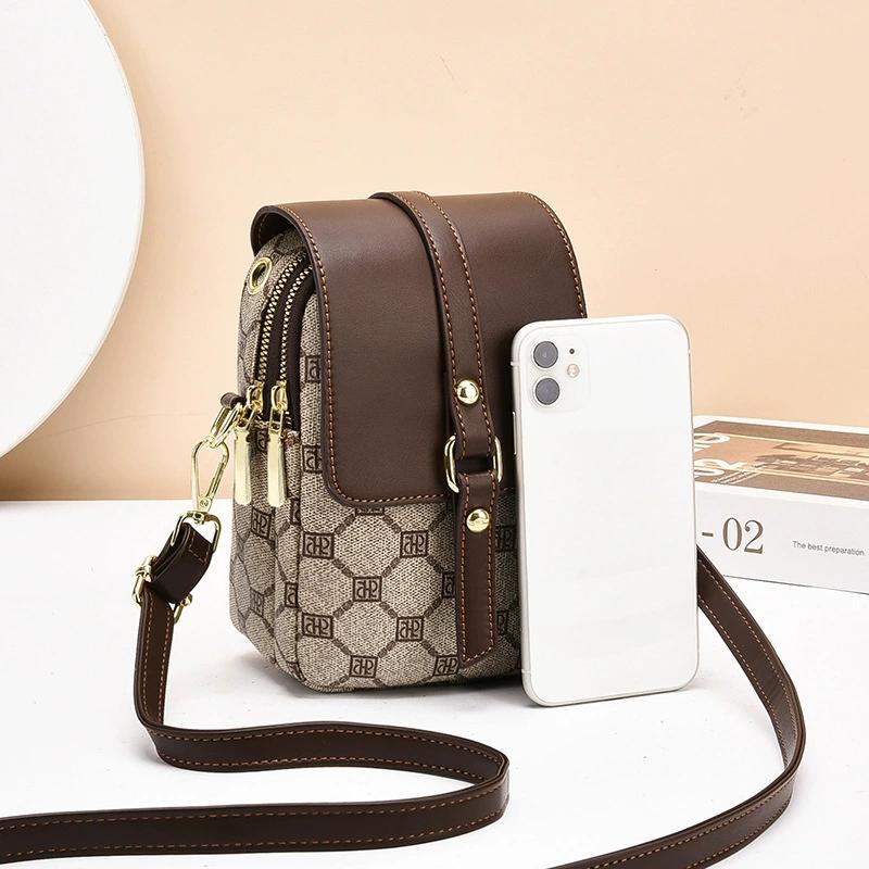 Double Zipper Mini Crossbody Bag for Women Vintage Small Monogram PU Leather Dual Zip Phone Pouch Adjustable Shoulder Strap