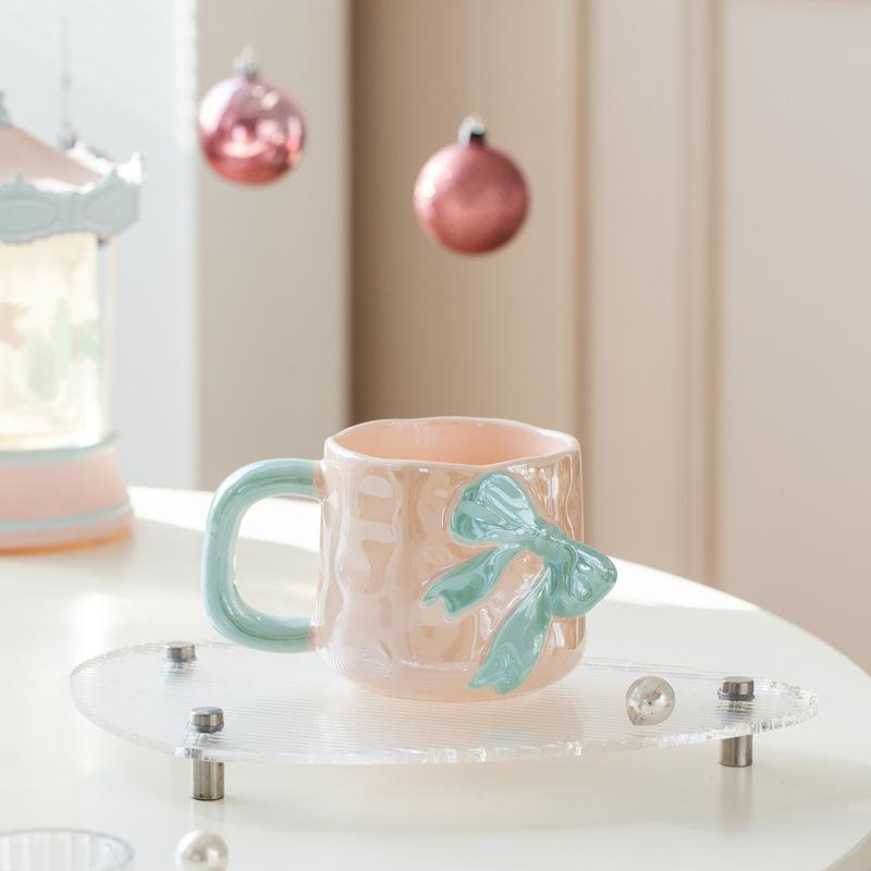 Pearlescent Glaze Bow Mug Nordic High Appearance Level Electroplated Ceramic  High End Feel  A Birthday Gift for A Girl's Best Friend