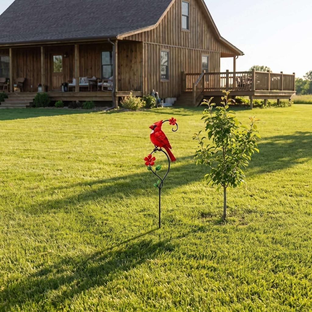 Wrought Red Bird Garden Stake - Rustic Outdoor Yard Decoration for and Patio