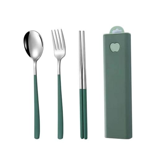 Stainless steel cutlery set with a sliding case for easy operation and portability. Perfect for students and adults, school lunches, outdoor activitie