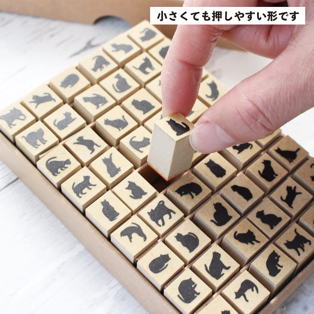 Cute Black Cat and Stylish Cat Set of Wooden Rubber A Great Made In Merchandise, Stationery, Stamps. 54-piece Stamps. Gift. Japan.