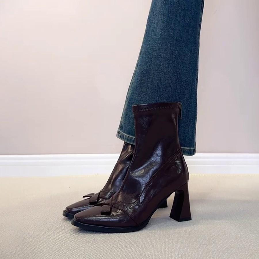 Short boots 2026 retro bow high heels square toe temperament thick heel short boots for women