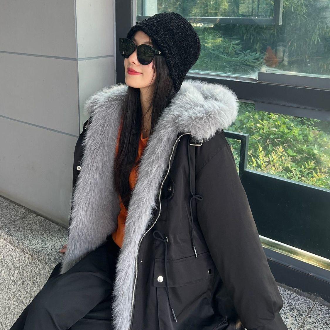 

Зимнее новое пальто с подкладкой из искусственной лисы, выше колена, женское пальто из искусственной кожи, длинное, съемное, с оснасткой XL