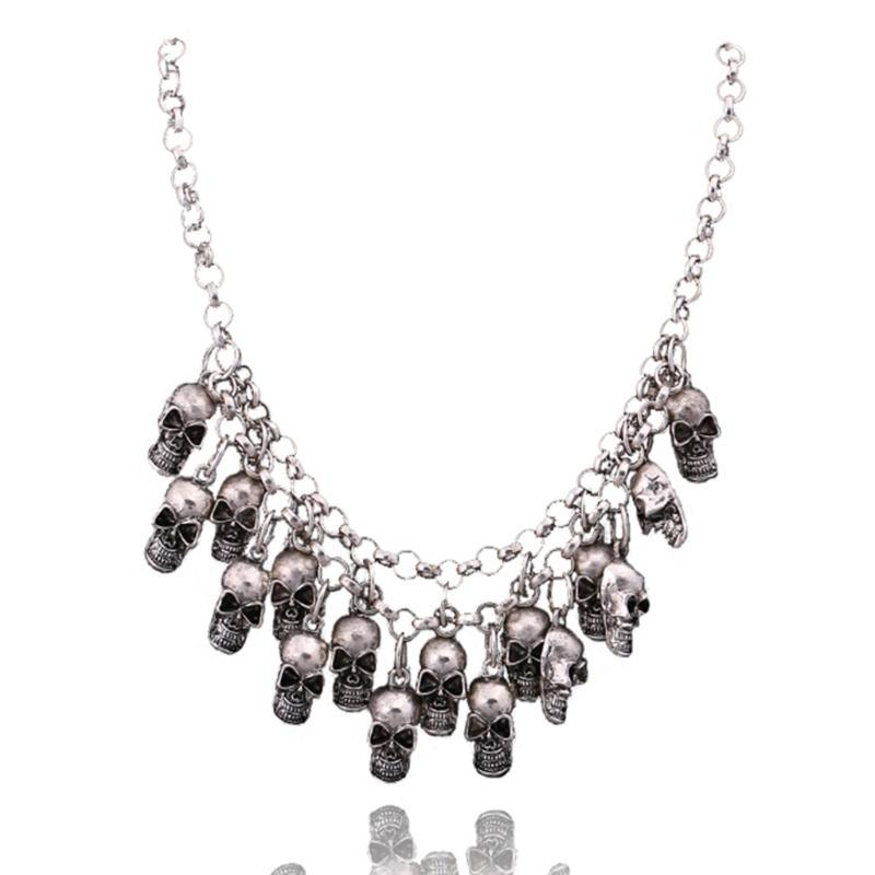 Punk Halloween Skull Necklace Statement Chain Jewelry with Front Drape and Alloy Finish for Concert and Party Outfits Daily