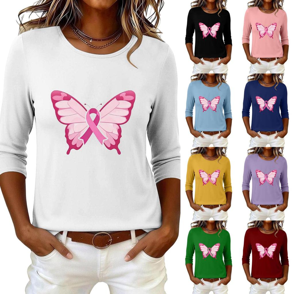 Women's Breast Casual Top with 3/4 Sleeves Round Neck Loose Fit Printed Ribbon Heart Butterfly Pattern for Daily Wear