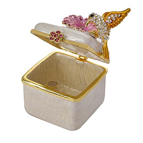 FJ FENGZHIJIE Golden Crystal Enamel Bird & Flower Jewelry Box, Hand-Painted Hinged Trinket Box, Elegant Home Decor & Unique Gift for Women