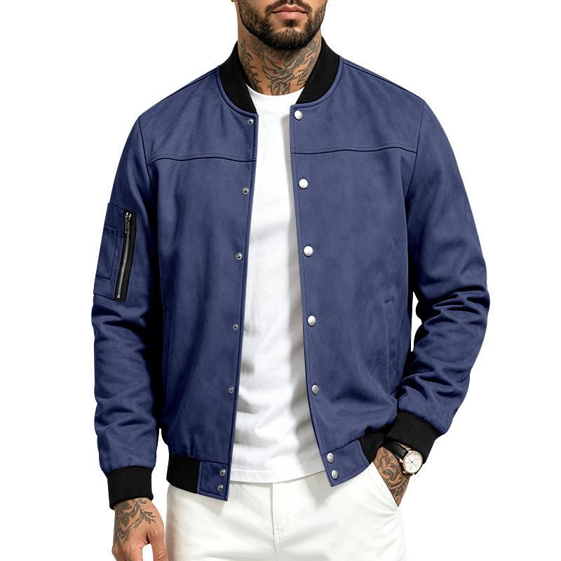 Men S Suede Flight Jacket Casual Loose Long Sleeve Workwear Baseball Coat