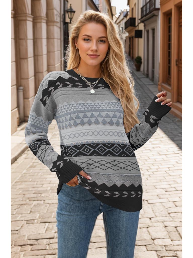 2025 Autumn/Winter Vintage Multi-Color Diamond Jacquard Patchwork Women's Pullover Sweater