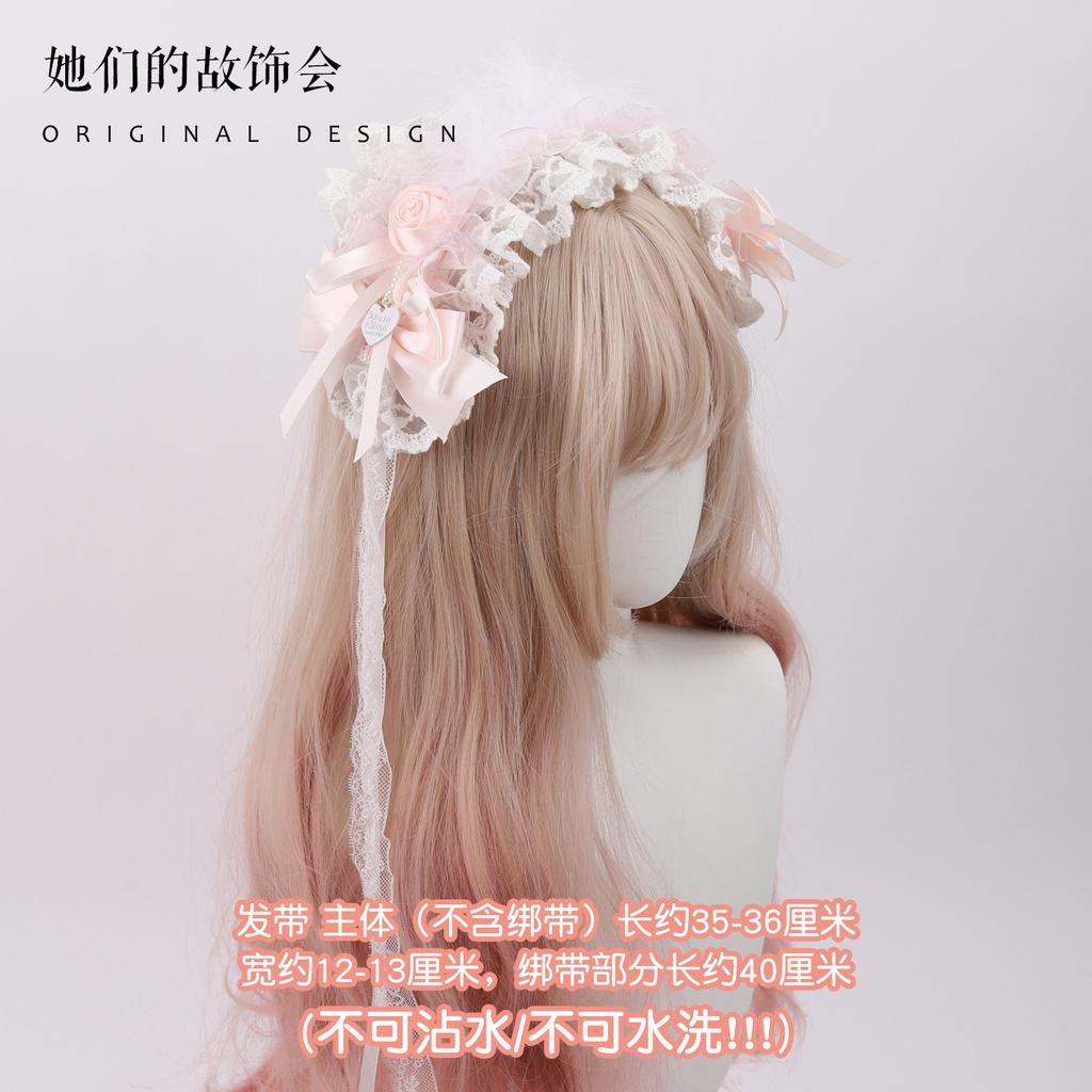 Milk Color Rose Bow Pair KC Lace Headband Handmade Small Things Sweet Lolita Accessories