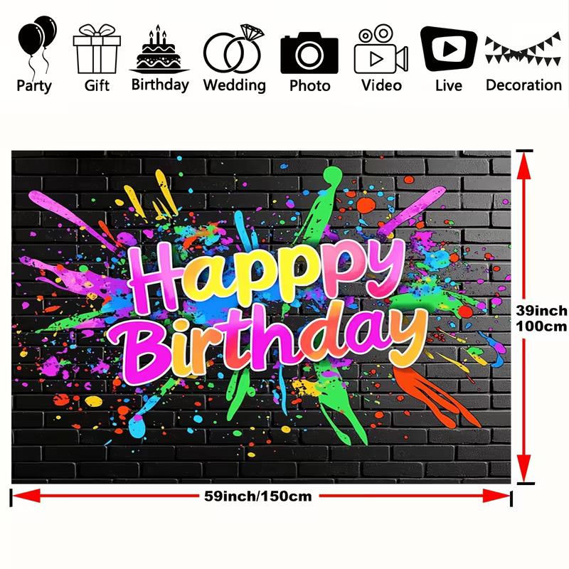 2D Colorful Paint Splatter Happy Birthday Backdrop Banner, Black Brick Wall Style