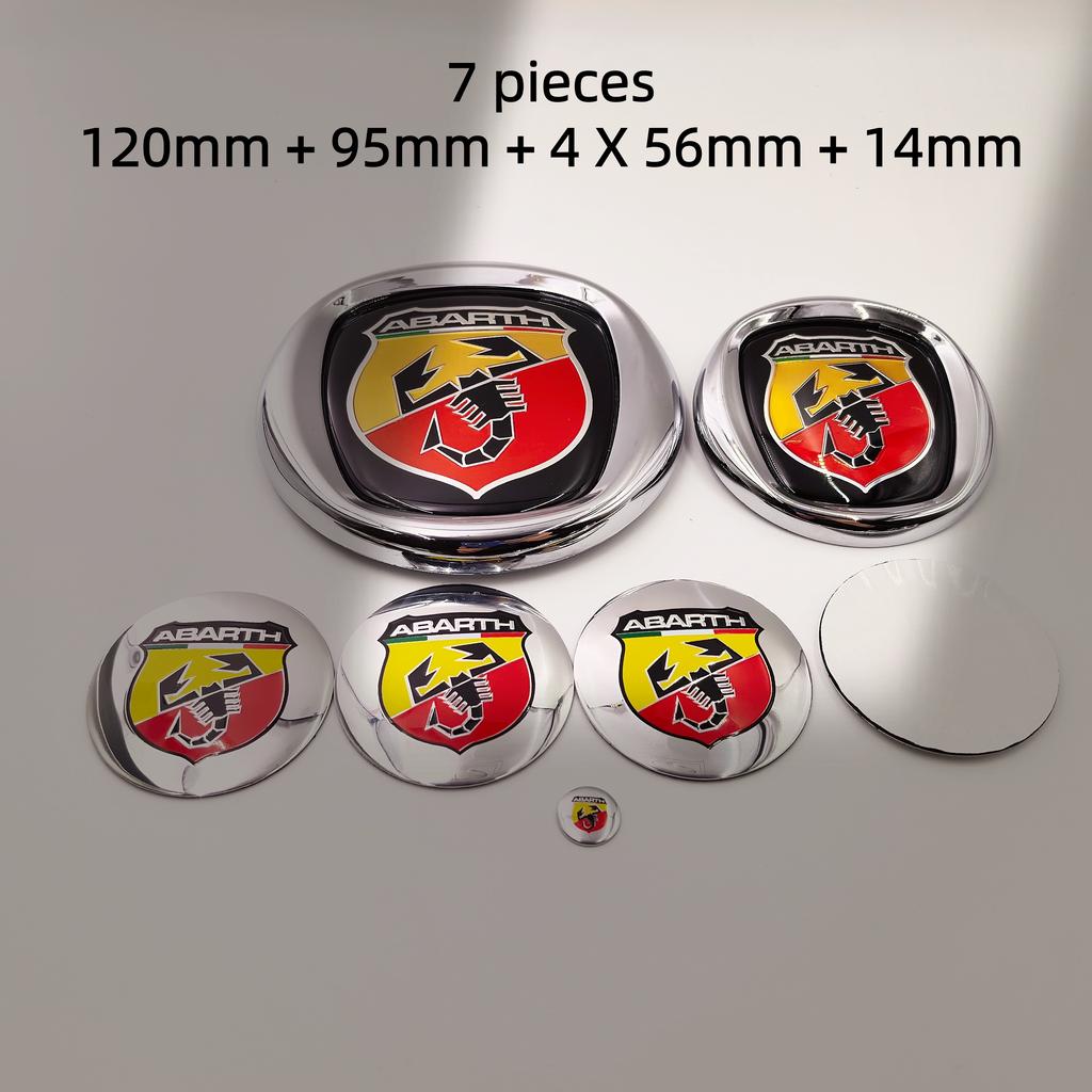 7pcs Fiat Abarth Car Front Hood Bonnet Badge 85/95/100/120mm Rear Trunk Boot Badge 10/12cm Hub Cap Wheel Center Cap 56/60mm