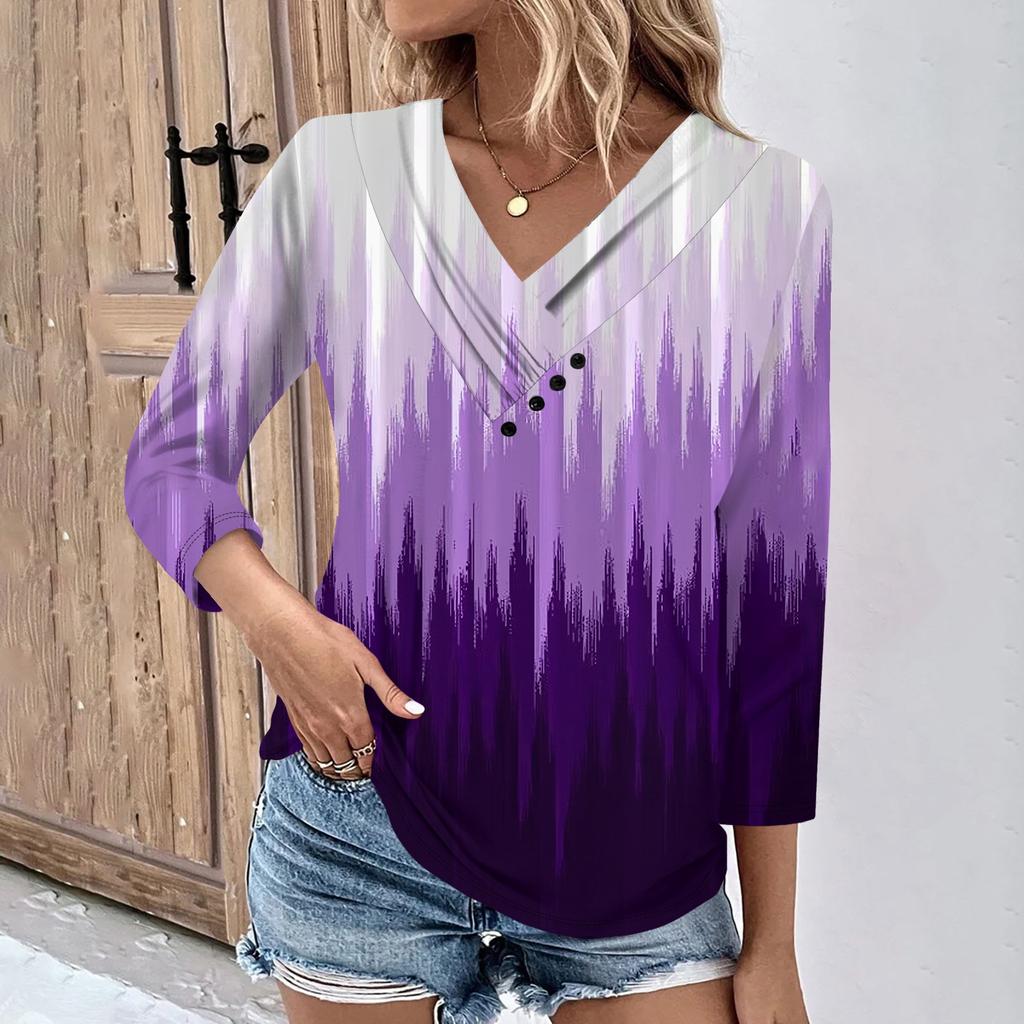 Womens 3/4 Sleeve Daily Weekend V Neck Casual Printed Tshirts Loose Fit Pleated Tees Ladies Blouse