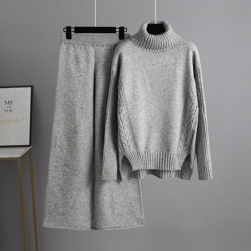 Autumn and winter new lazy style loose turtleneck sweater set women's fashionable wide-leg pants two-piece set women's